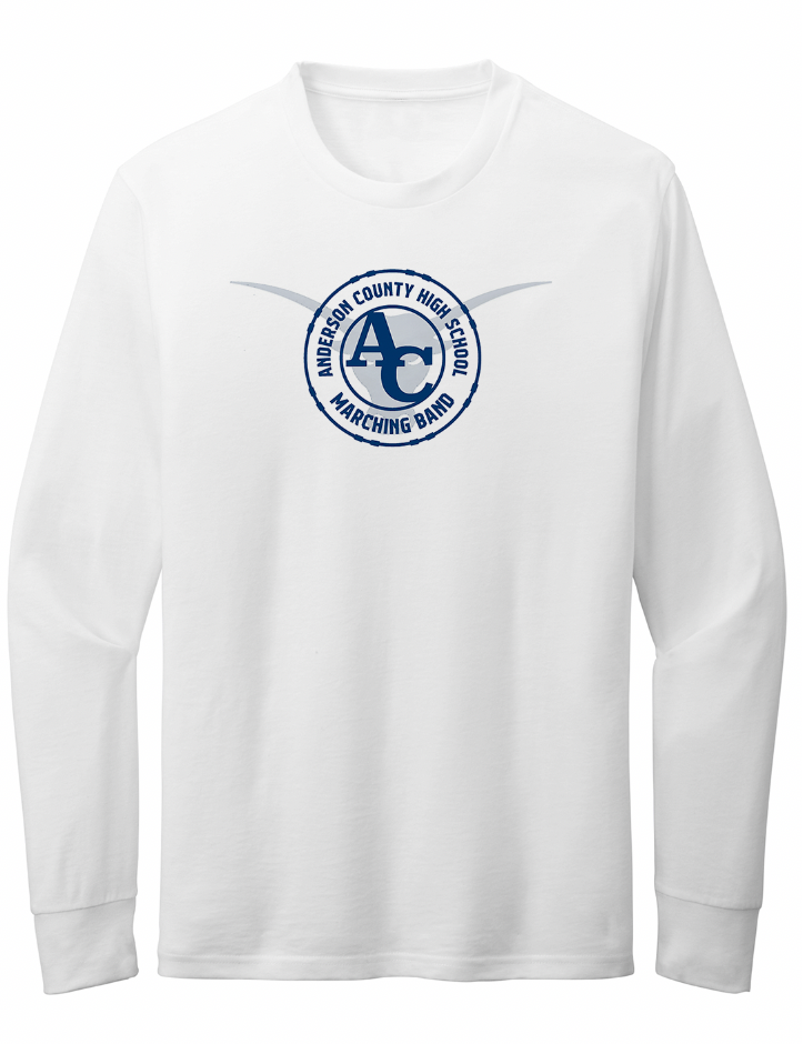 White long-sleeve shirt with a blue and white logo on a white background