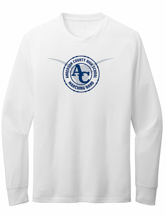 White long-sleeve shirt with a blue and white logo on a white background